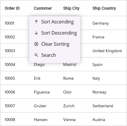 Column header context menu