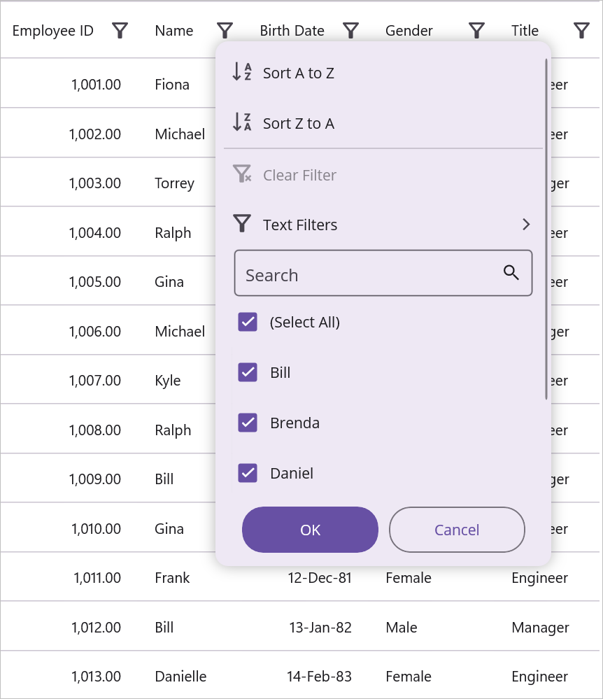Customize filter popup size