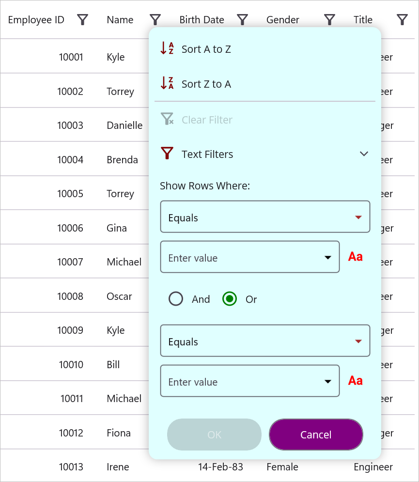filter popup customization- advanced filter