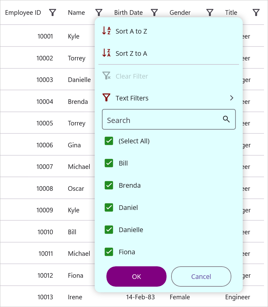 filter popup customization