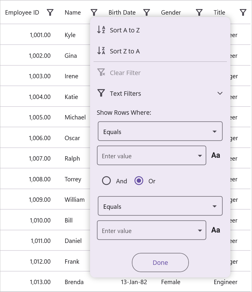 Instant filtering in advanced filtering