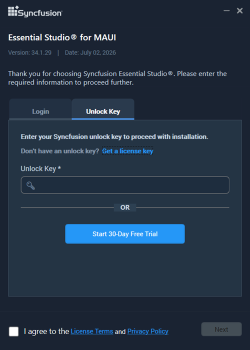 Syncfusion installer unlock key dialog