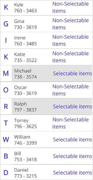 Syncfusion .NET MAUI ListView disable selection on a particular item