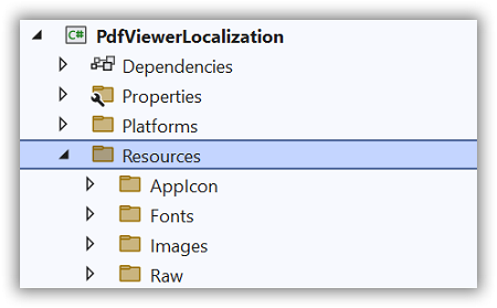 Resources folder in the .NET MAUI PDF Viewer application.