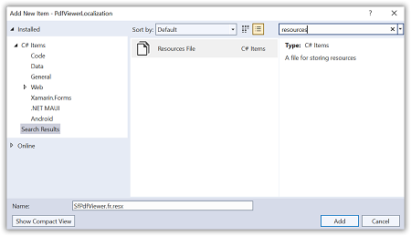 Adding resource file in the .NET MAUI PDF Viewer application.