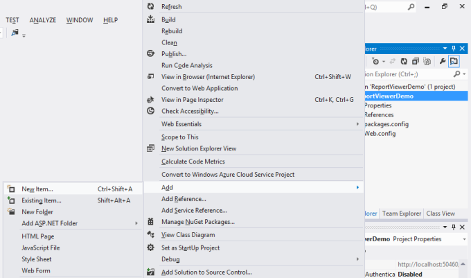 Shows the add new item project from the context menu