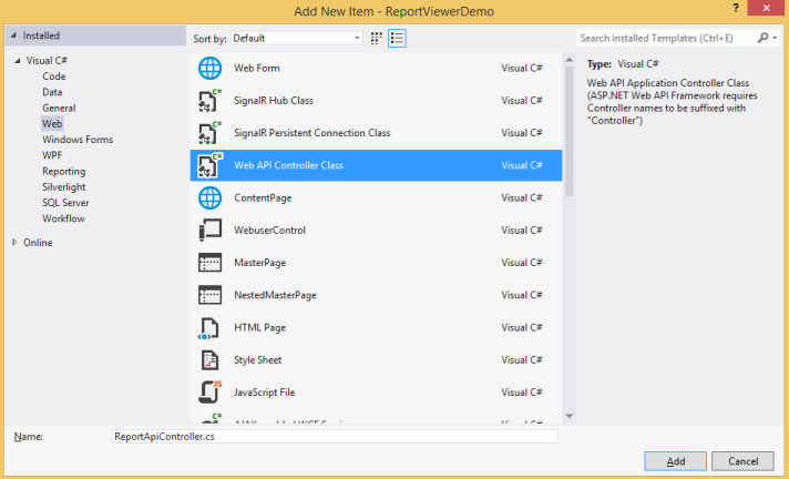 Shows dialog to adding a new WebApi controller for ReportViewer