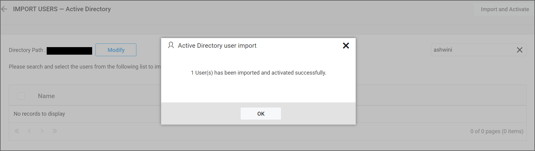 Success message after imported the Active Directory users