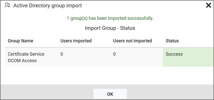 Success message after imported the Active Directory groups