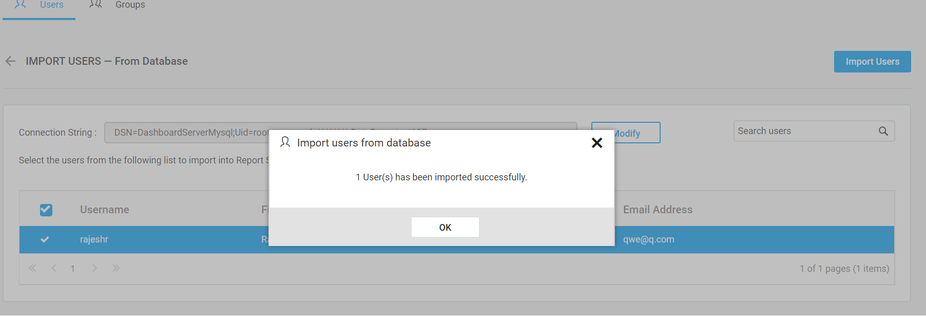 Success message after imported the Database users