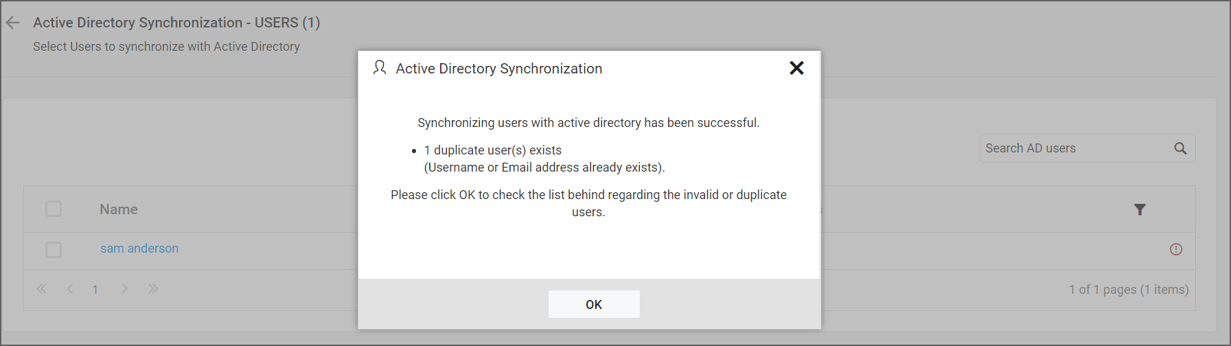 Synchronization confirmation window