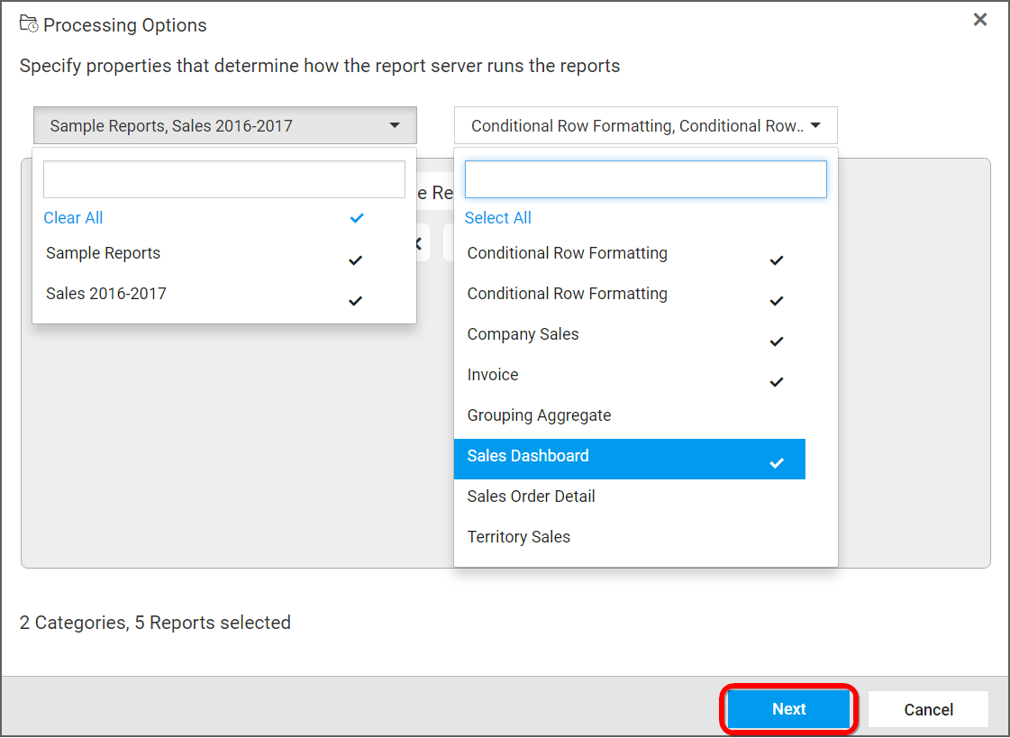 Add Report Processing Option for multiple Reports/Categories