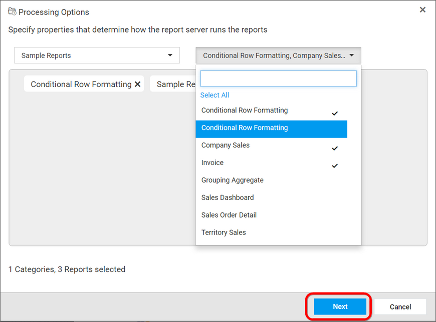 Choose Report Processing Option