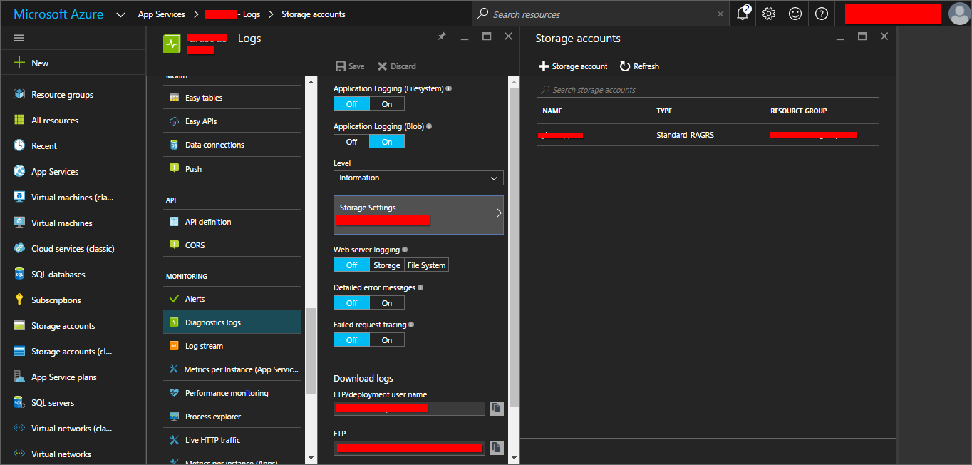 Azure web app Installation - Choose account storage