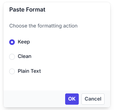 Angular Rich Text Editor Paste options prompt dialog