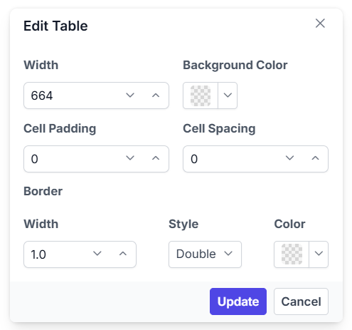 Rich Text Editor table settings