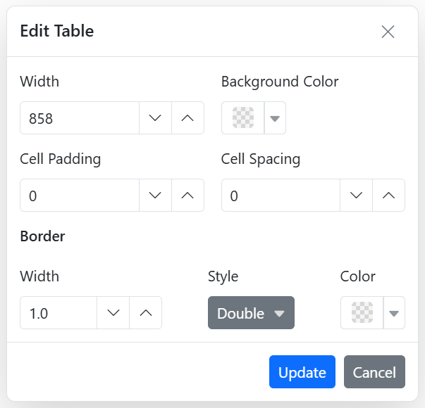 Rich Text Editor table settings