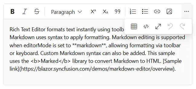 Blazor Markdown Editor popup toolbar