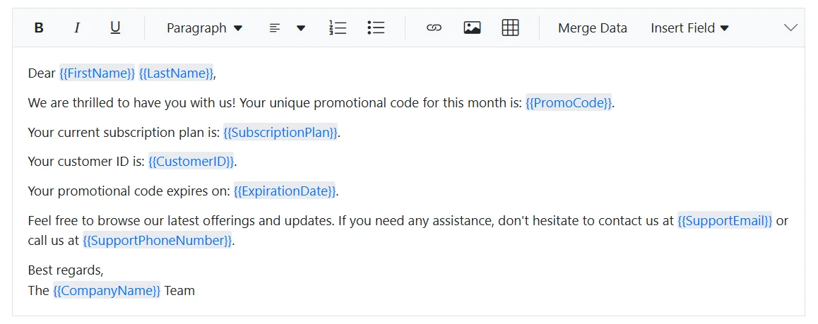 Blazor RichTextEditor Mail Merge