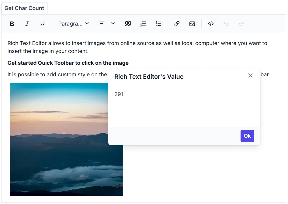 Blazor Rich Text Editor Number of Characters