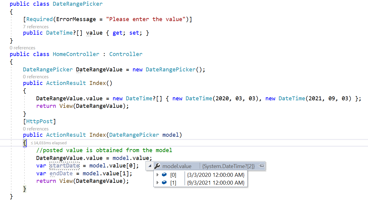 DateRangePickerFor Component in ASP.NET Core