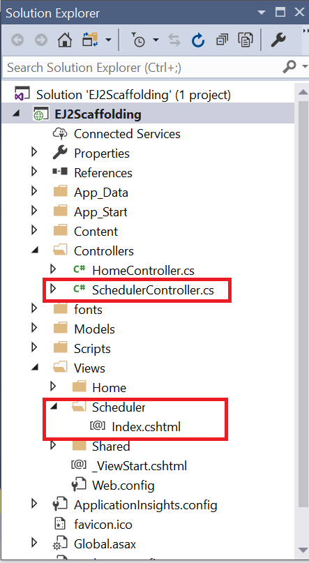 Solution explorer displaying the newly created Controller and View files