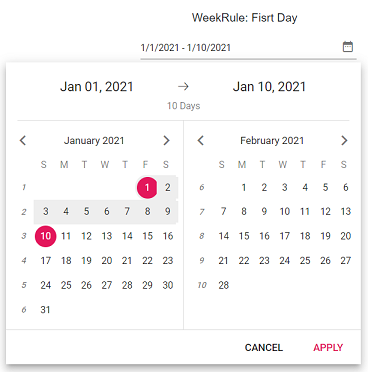 Blazor DateRangePicker displays Week Rule of FirstDay