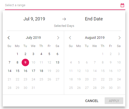 Blazor DateRangePicker Selection in Span between Range