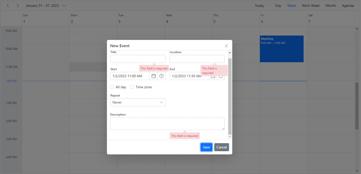Editor window with Validation in Blazor Scheduler