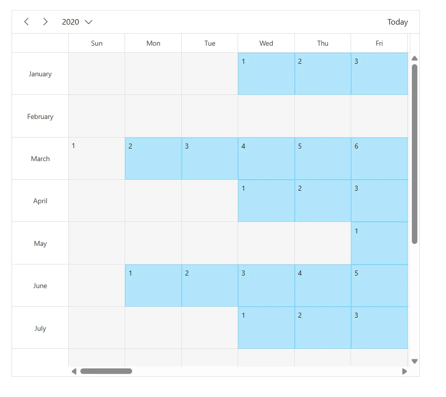 Work day cells in timeline year view