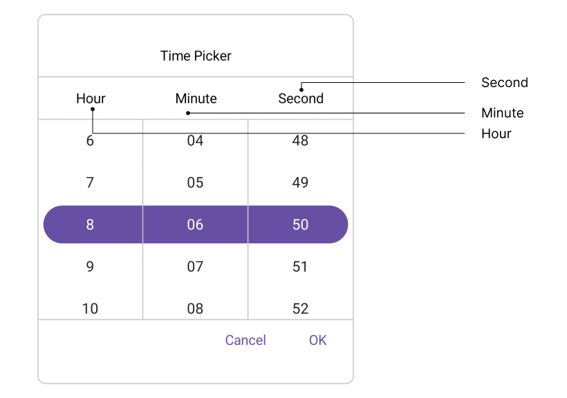 Column header layout in .NET MAUI Time Picker.
