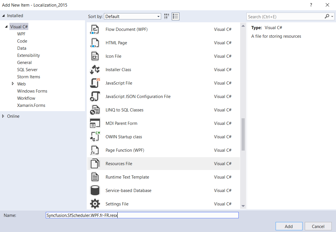 Shows the name of resource file to be added for WPF Scheduler