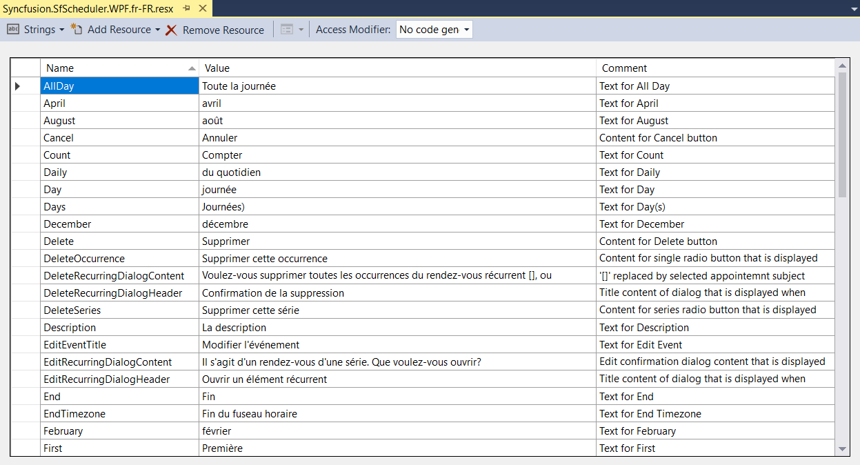 Shows the added resource file name / value pair in the resource designer in WPF Scheduler