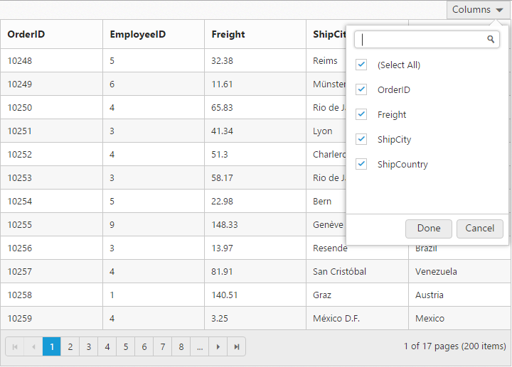 Column Chooser in TypeScript Grid