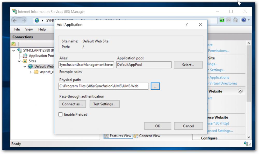 Host User Management Server as application in IIS - Add Application