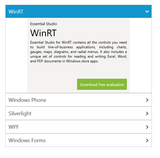 Single item expanded in Accordion and displayed content under corresponding header