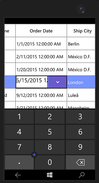 Displaying editing in GridDateTimeColumn with On-Screen keyboard in Mobile view of UWP SfDataGrid