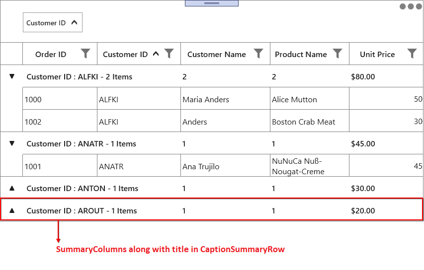 Caption summary columns with title in UWP DataGrid