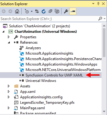 Project Solution Window contains SfChart reference