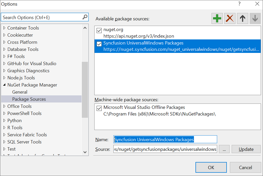 NuGet Package Manager dialog with Syncfusion UWP NuGet feed URL for reference