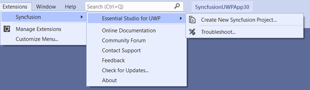 Syncfusion Menu when Selected Syncfusion UWP application in Visual Studio