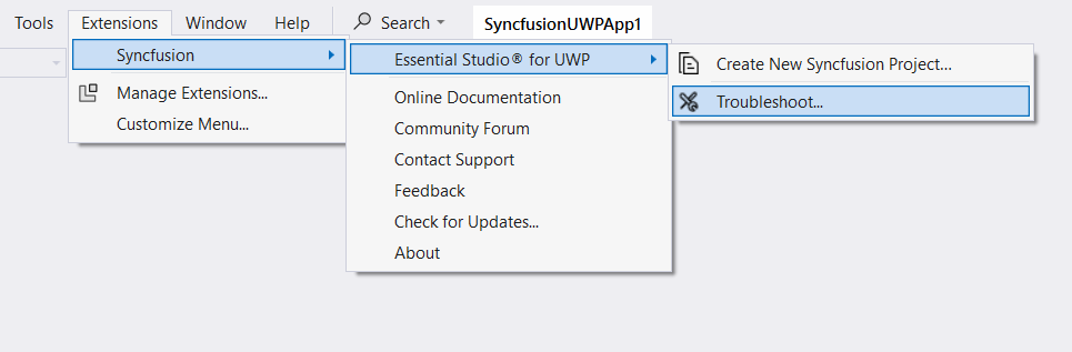 Syncfusion Menu when Selected Syncfusion UWP application in Visual Studio