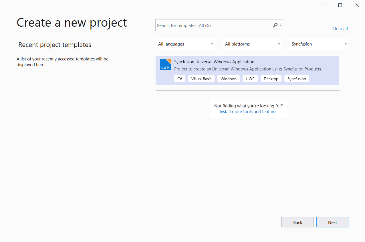 Choose Syncfusion Universal Windows Application from Visual Studio new project dialog