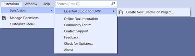 Choose Syncfusion Universal Windows Application from Visual Studio new project dialog via Syncfusion menu