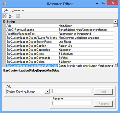Windows Form Localization Resource Editor window