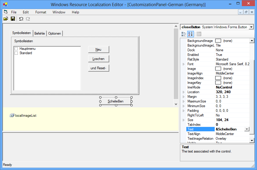 Windows Form Localization Resource Editor with German text