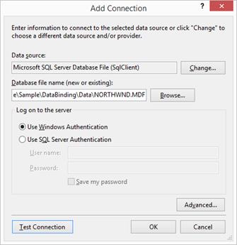 Test the database connection through the visual studio