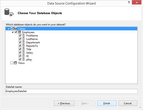 Choose the data base objects through the visual studio
