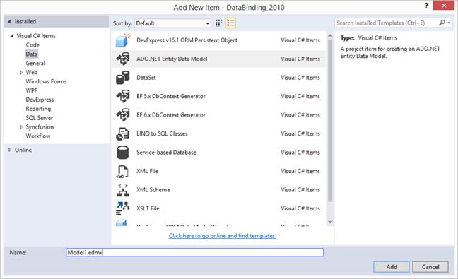 Choose the the ADO.Net entity model application from visual studio