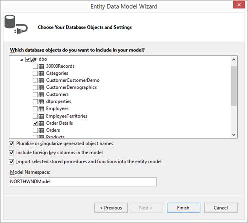 Choose the database objects and setting from Northwind database through the visual studio